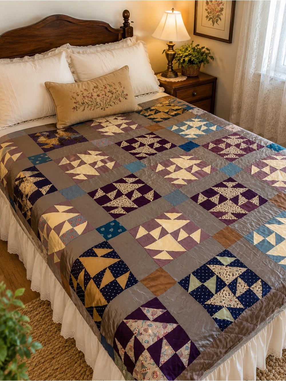 Vintage Handmade Quilt Old Maids Puzzle Patchwork Cotton Sateen